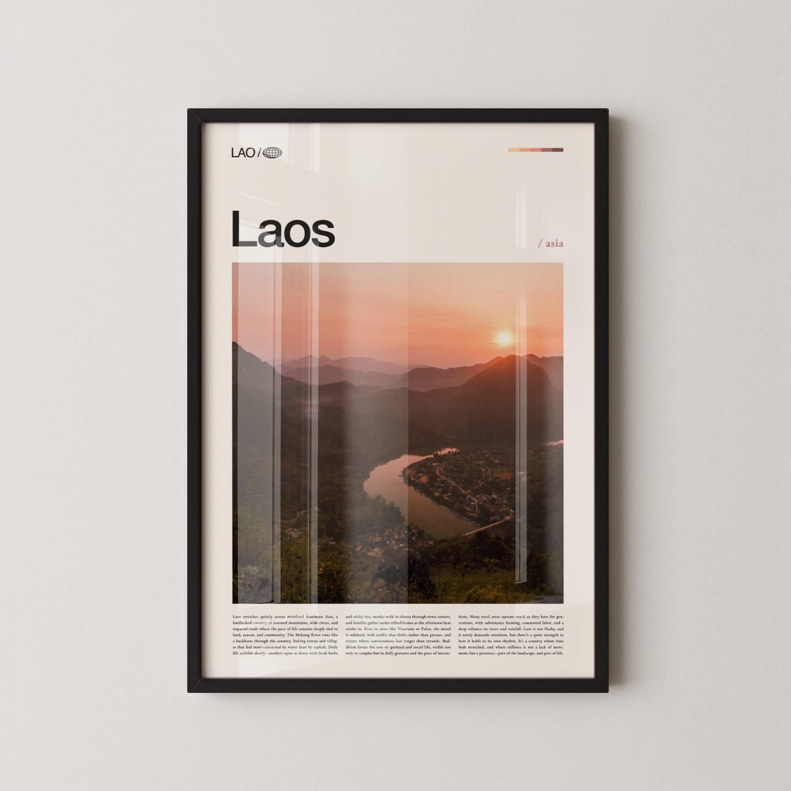Laos Sunset River Valley Town Asia Minimalist Travel Poster Art