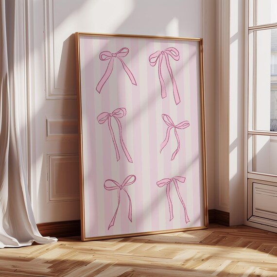Pink Striped Coquette Bow Pattern Girly Bedroom Decor Wall Art