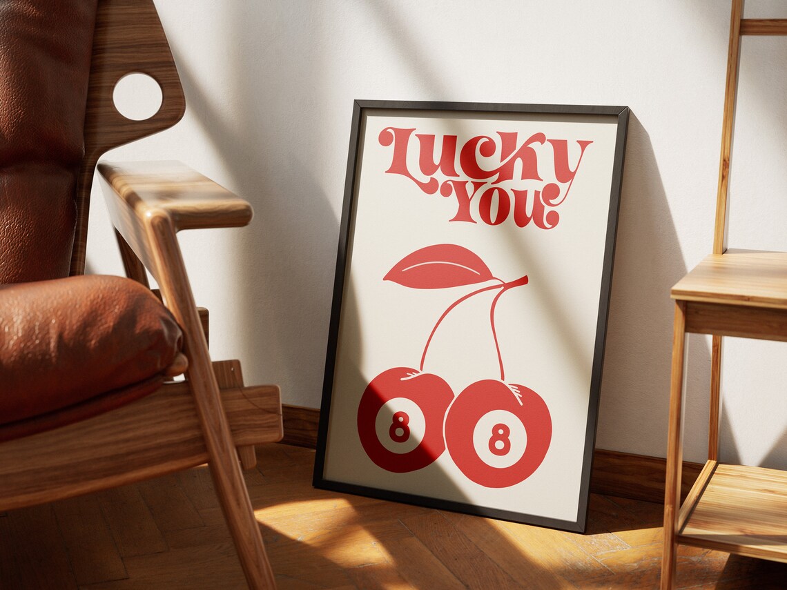 Lucky You Retro Cherry 8 Ball Red Typography Fun Quote Poster - Image 2