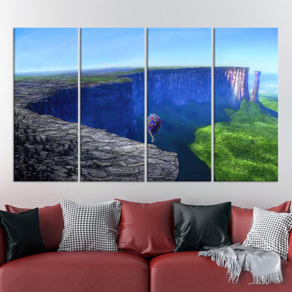 Colorful Balloon House Flight Over Blue Tepui Falls Adventure Poster - Image 2