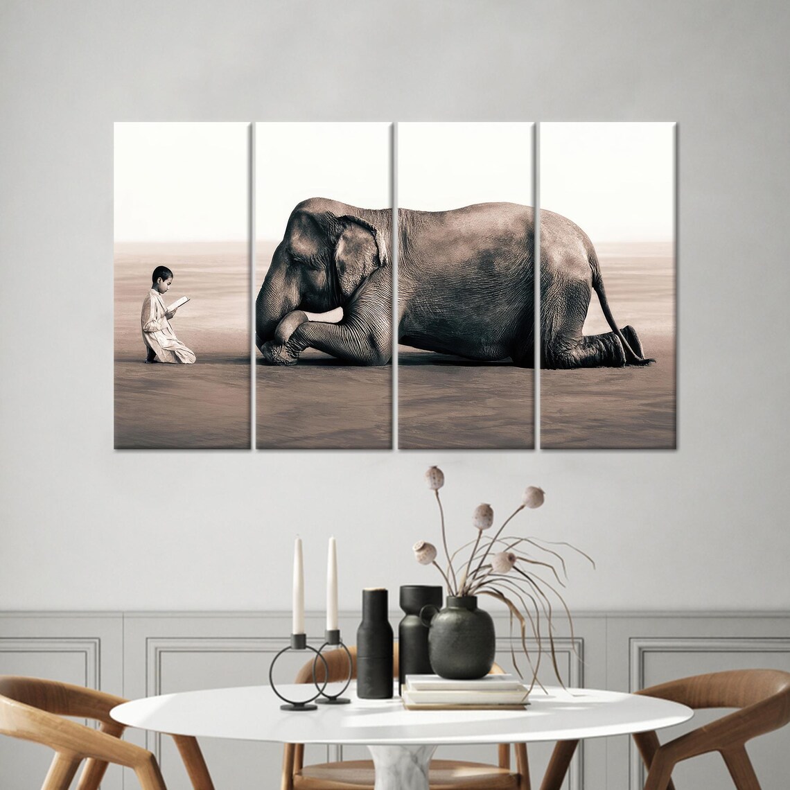 Boy Reading a Book Aloud to a Giant Resting Elephant Art Poster - Image 3