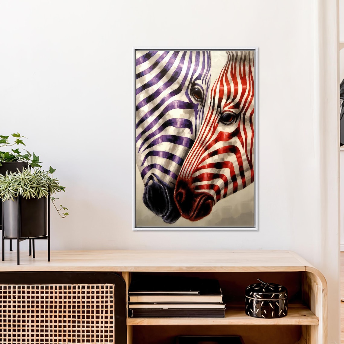 Two Zebra Faces Pressed Cheek to Cheek in Purple and Red Poster - Image 4