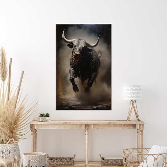 Fierce Charging Black Bull in Dramatic Wild West Style Art Poster