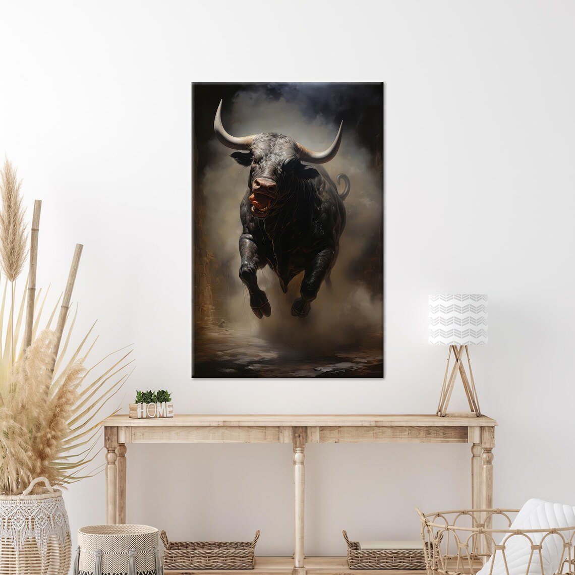Fierce Charging Black Bull in Dramatic Wild West Style Art Poster
