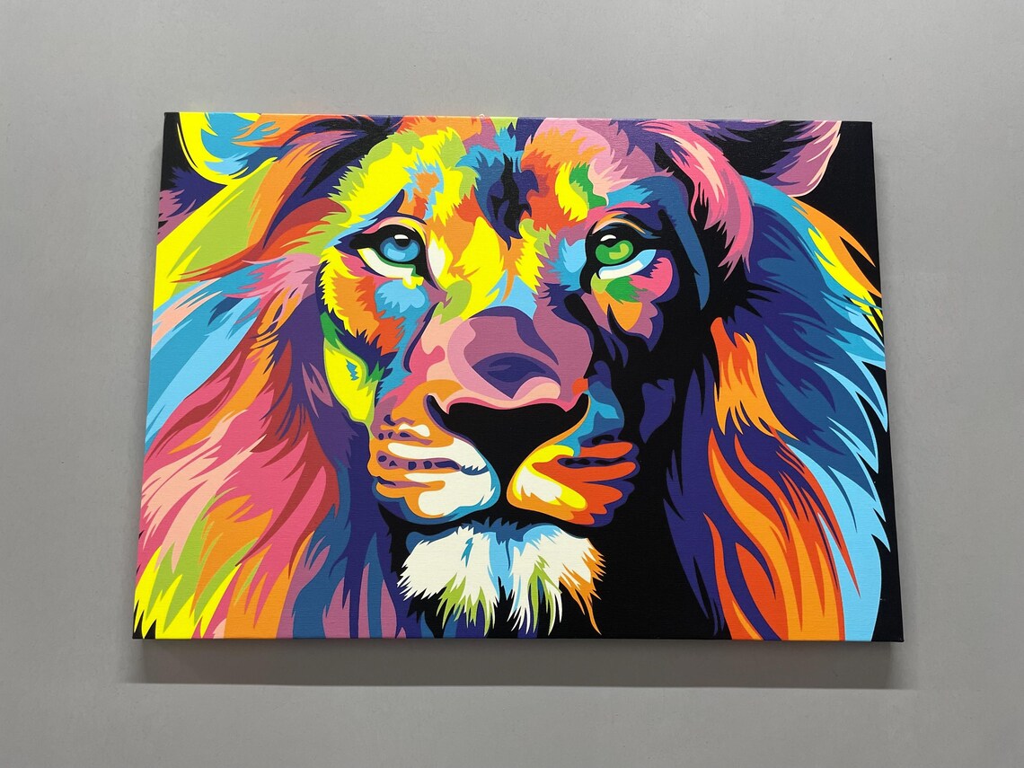 Pop Art Rainbow Colored Lion Face on Black Background Poster - Image 4