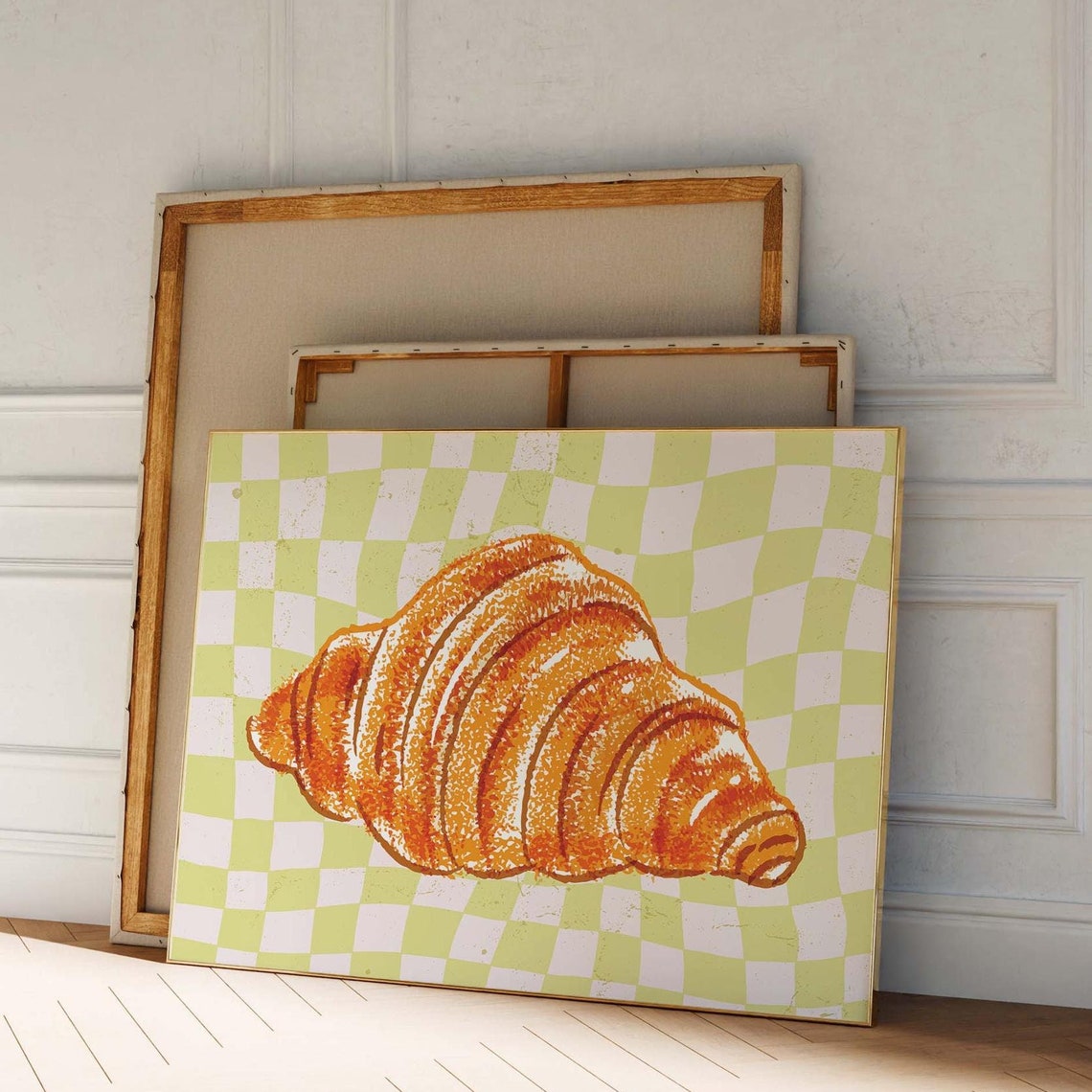 Croissant Art Checkered Background Retro Food Kitchen Poster
