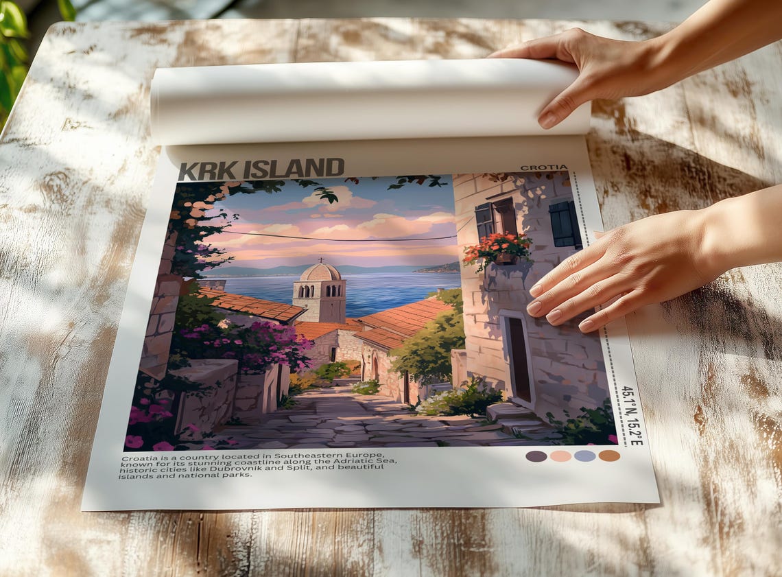 Krk Island Croatia Old Stone Alley Seaside View Travel Poster - Image 7