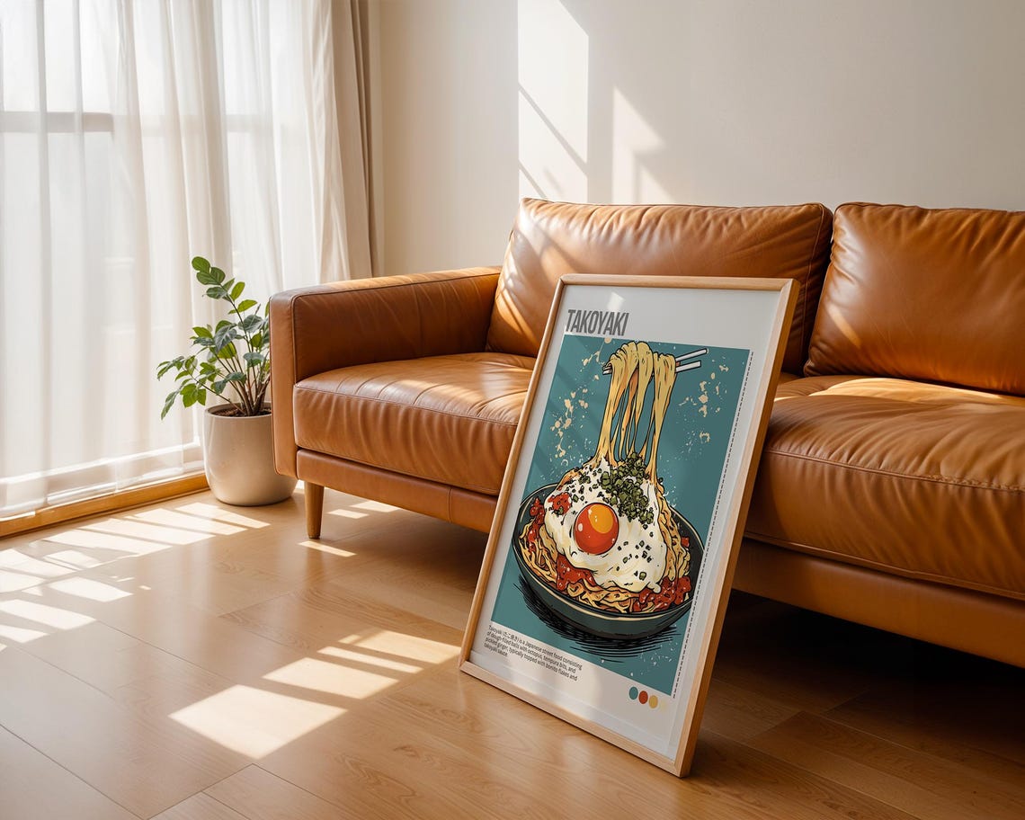 Takoyaki Noodle Bowl Egg Yolk Chopsticks Japanese Food Poster