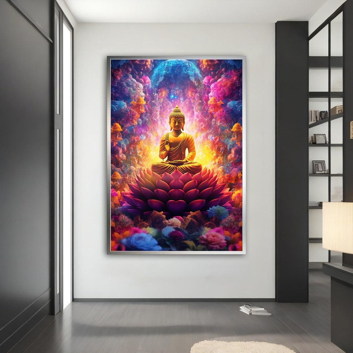 Golden Buddha Meditating on Lotus Cosmic Nebula Vibrant Zen Art Poster - Image 2