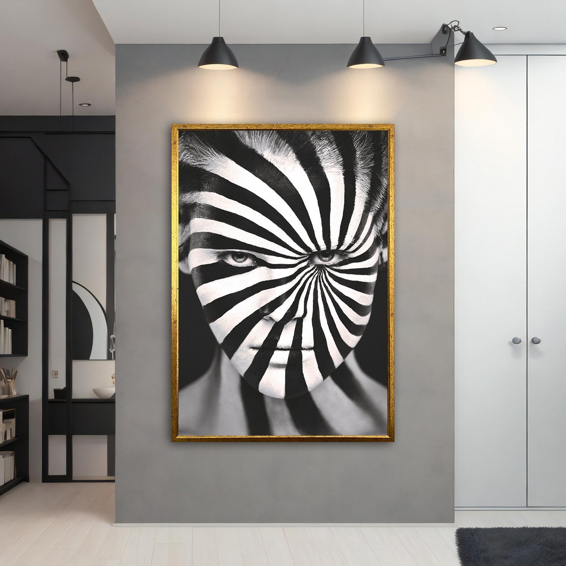 Hypnotic Spiral Face Paint Black White Woman Portrait Wall Art - Image 3