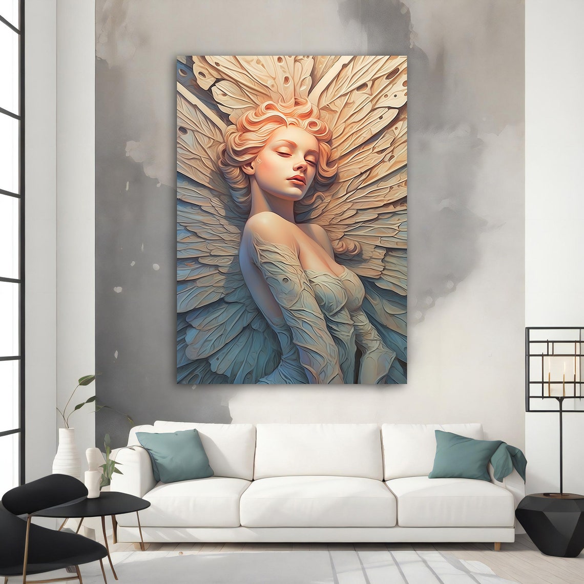 Serene Angel Woman Giant Feather Wings Cream Blue Wall Art Print - Image 2