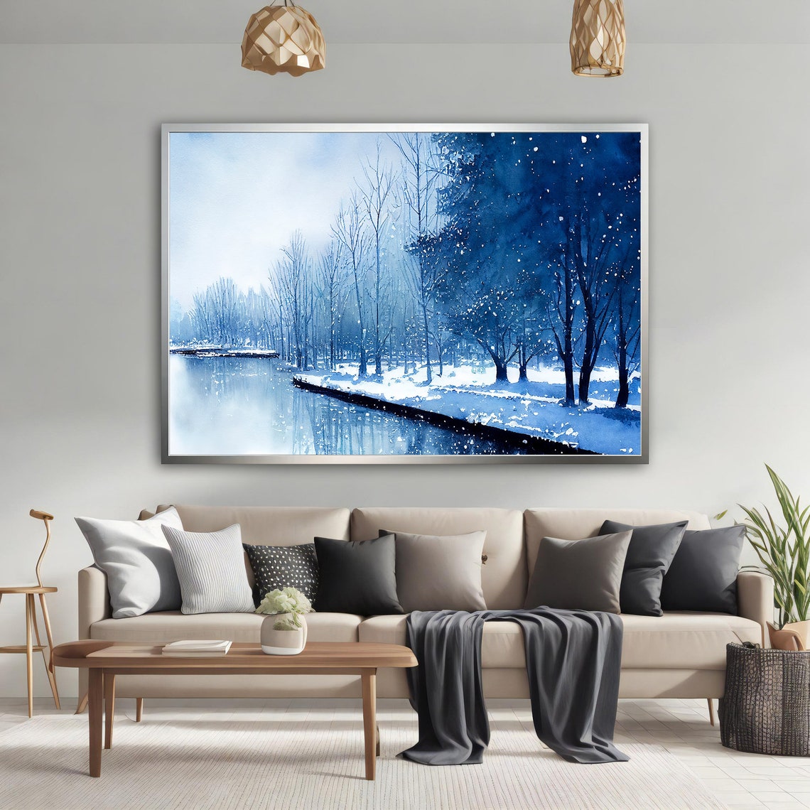 Blue Winter Landscape Snowy River Forest Monochrome Art Poster - Image 3