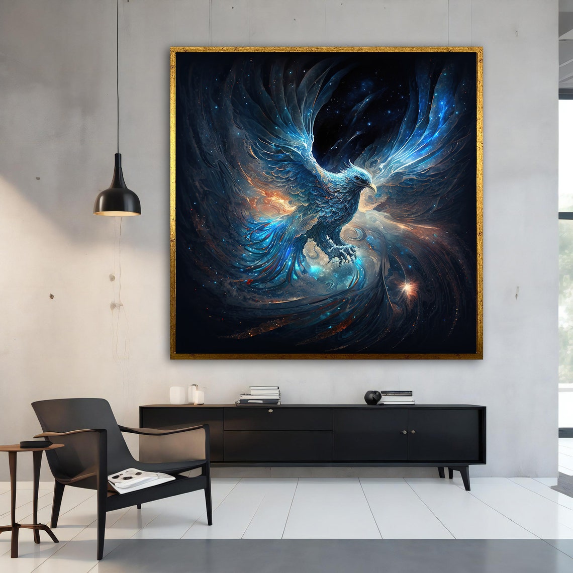 Mystical Blue Phoenix Rising Through Cosmic Starry Night Sky Poster - Image 2
