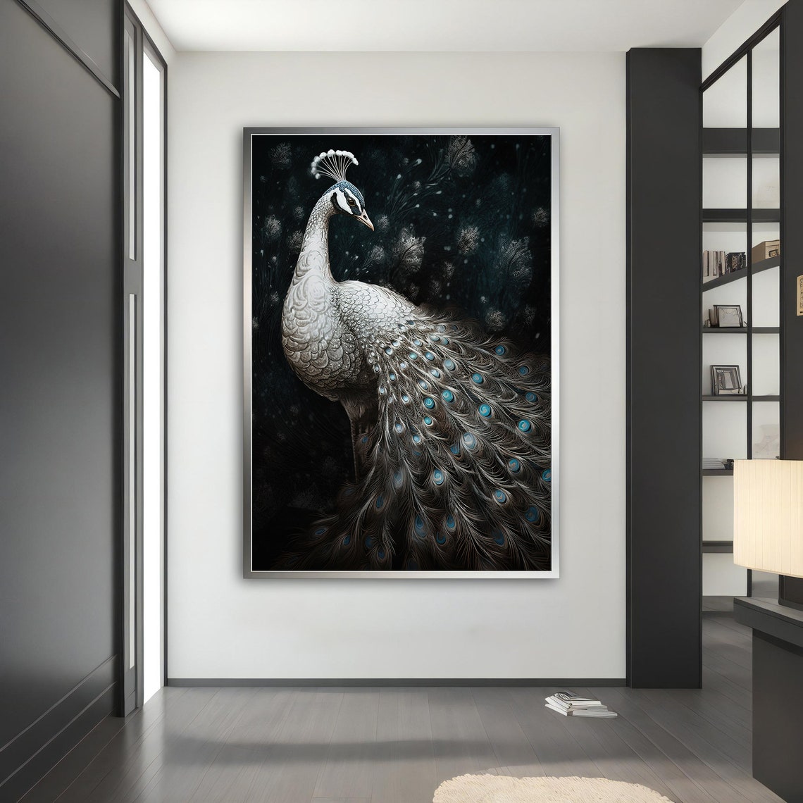 White Peacock Silver Plumage Black Background Elegant Animal Poster - Image 5