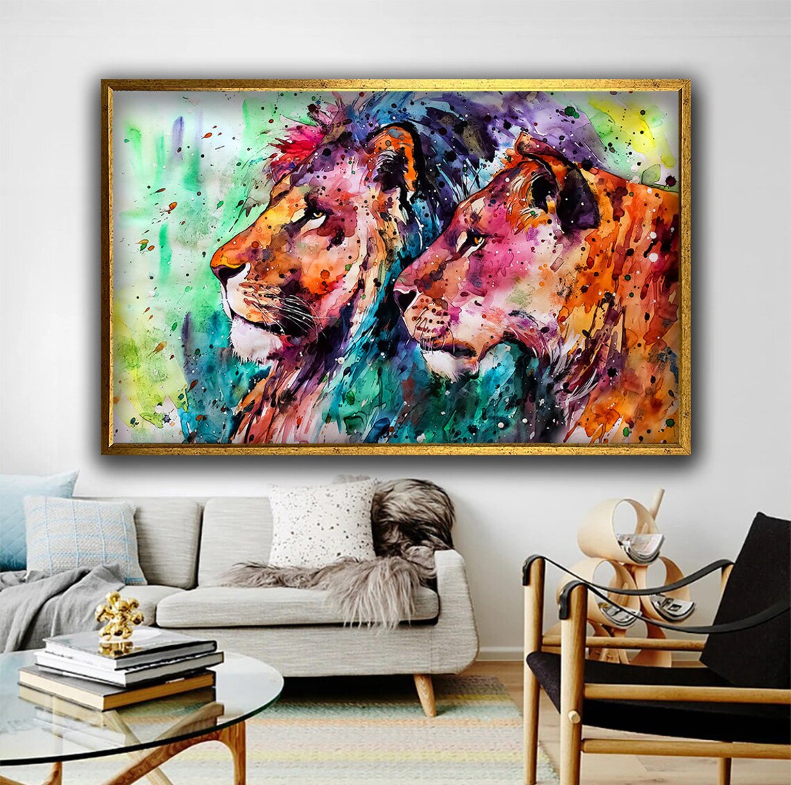 Colorful Watercolor Lion And Lioness Pair Vibrant Wildlife Art Poster - Image 5