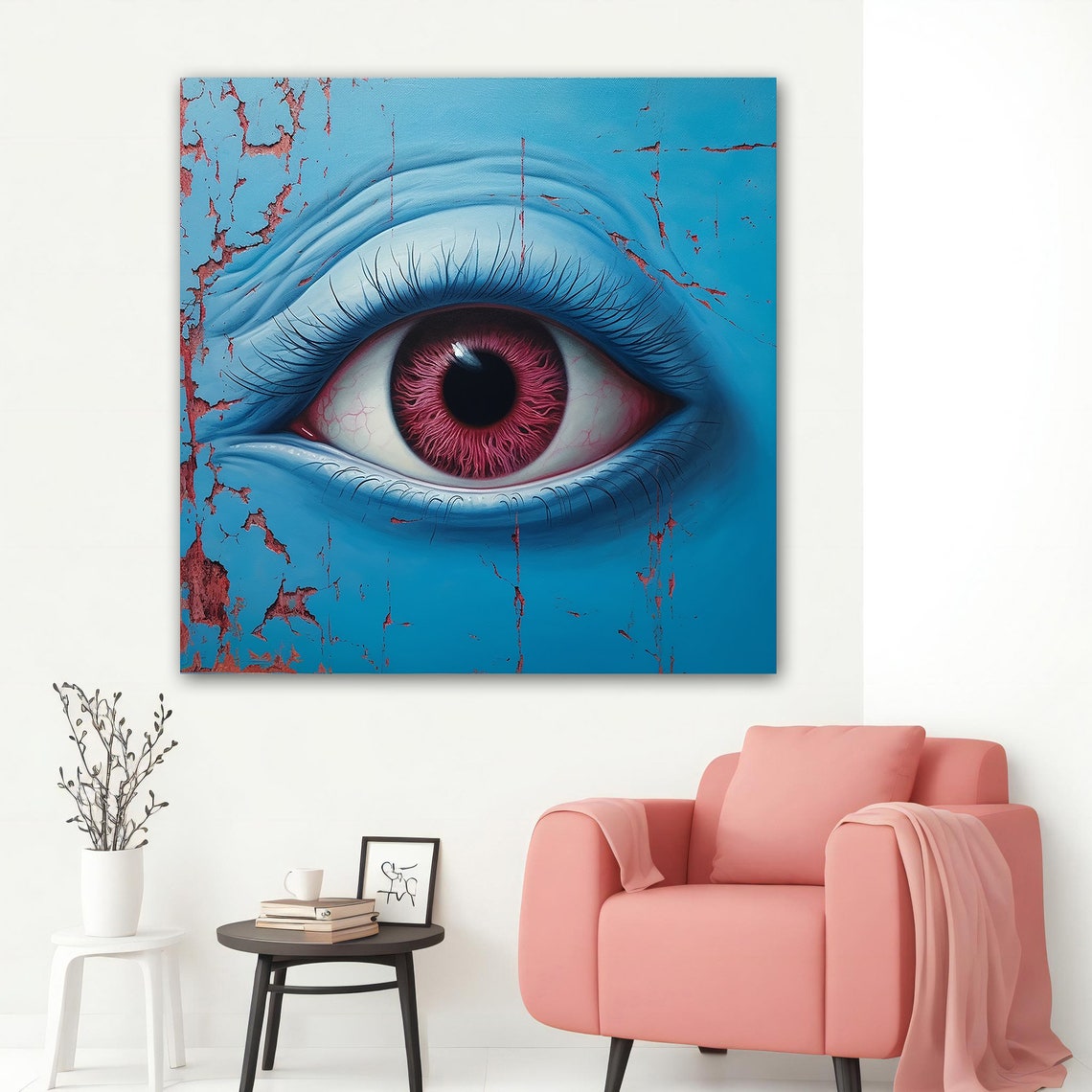 Giant Red Eye on Cracked Blue Skin Surreal Abstract Wall Art Poster - Image 2