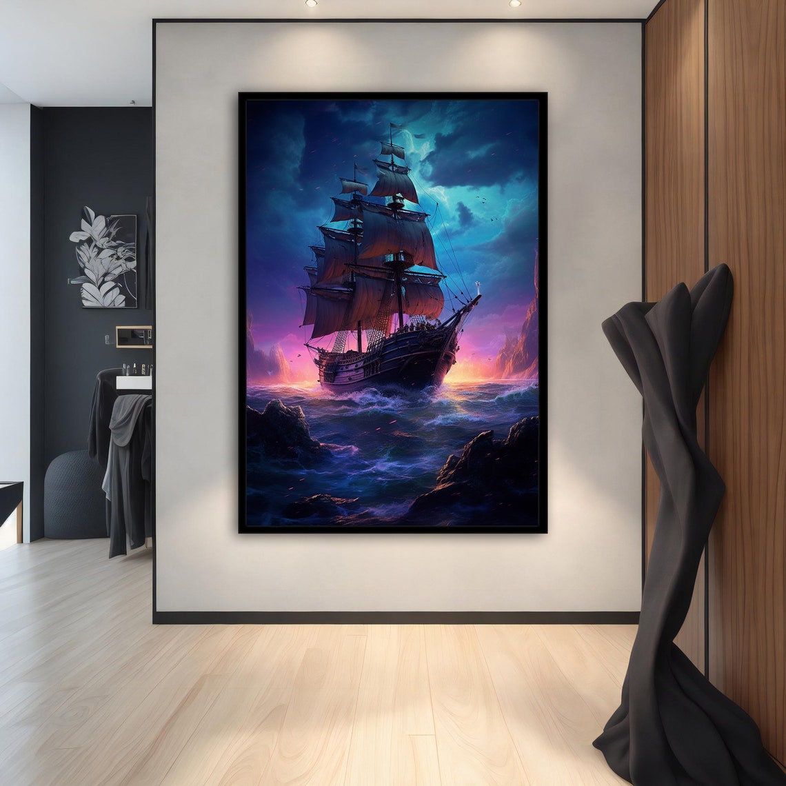 Fantasy Pirate Ship Sunset Epic Purple Sky Ocean Voyage Art Poster - Image 2
