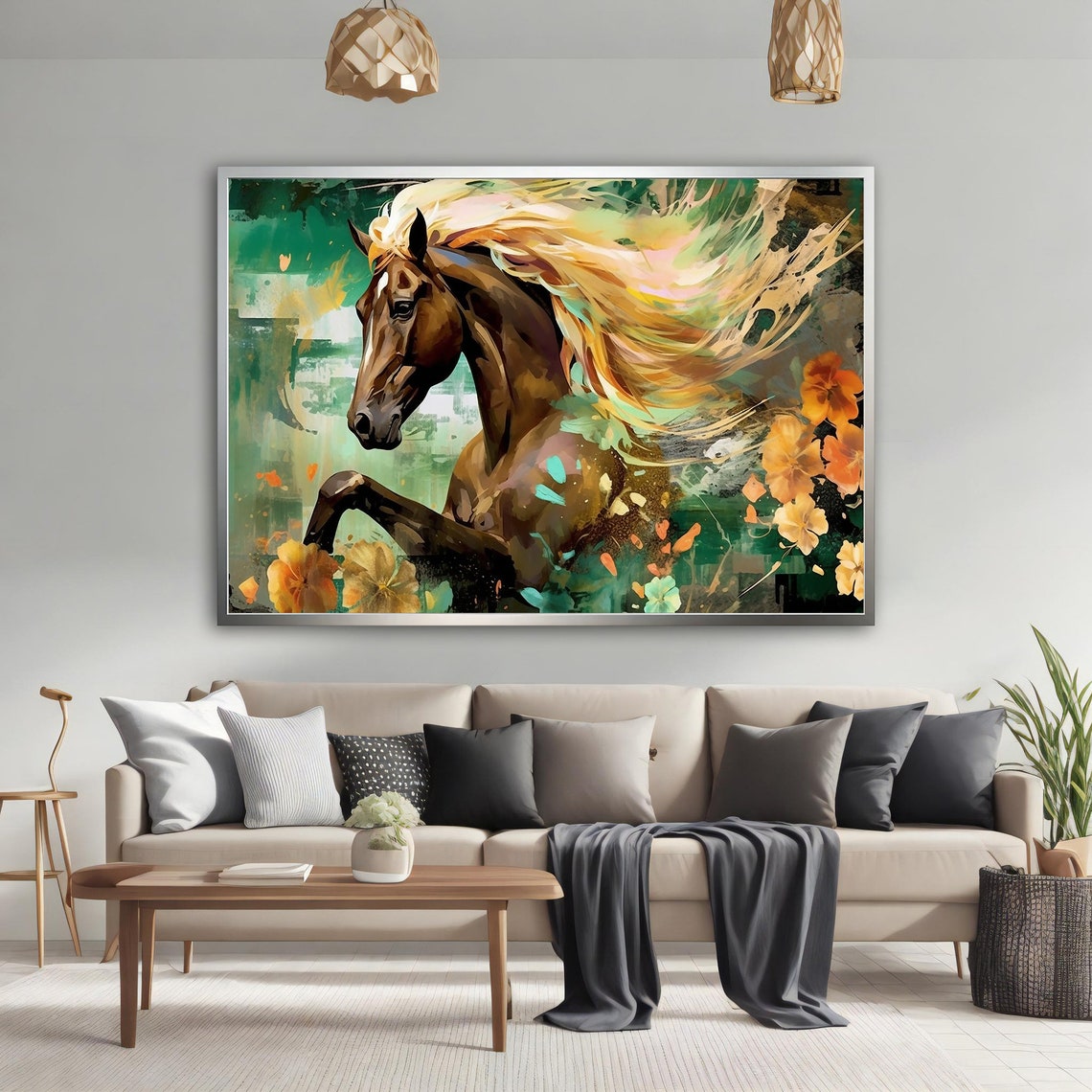 Prancing Brown Horse Flowing Golden Mane Floral Abstract Poster