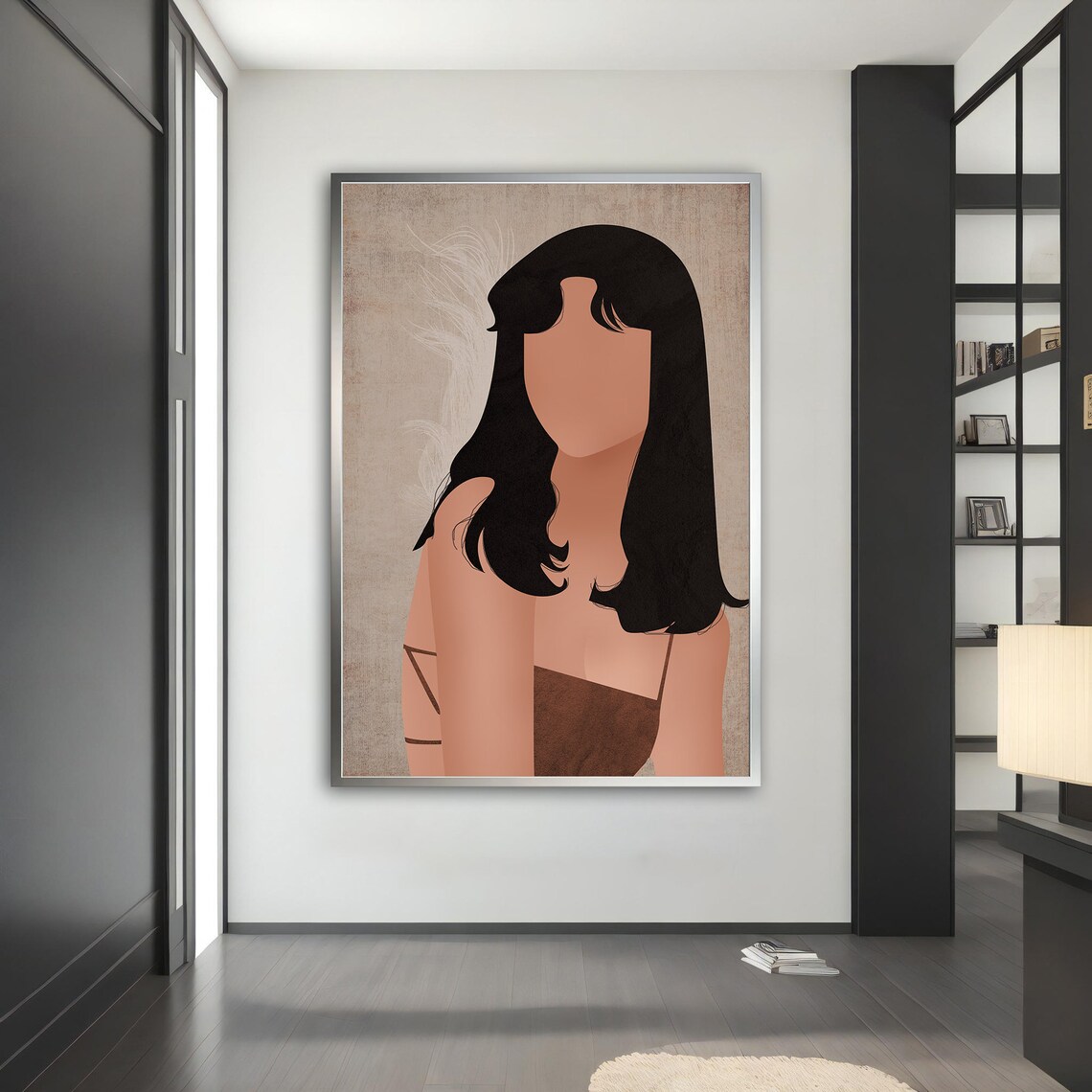 Minimalist Faceless Woman Black Hair Beige Neutral Portrait Wall Art - Image 3