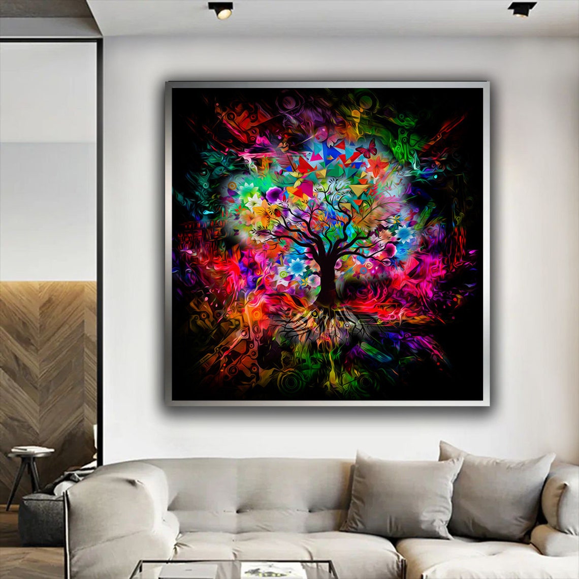 Vibrant Tree Of Life Explosion Neon Colors Abstract Black Art Poster