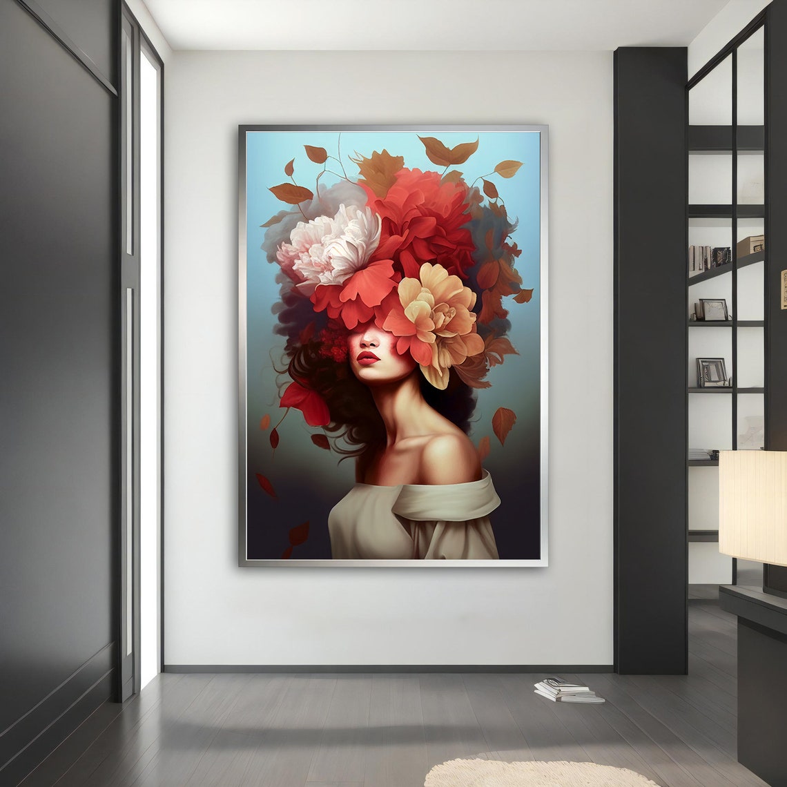 Woman Flower Head Peony Bloom Colorful Botanical Portrait Wall Art - Image 5
