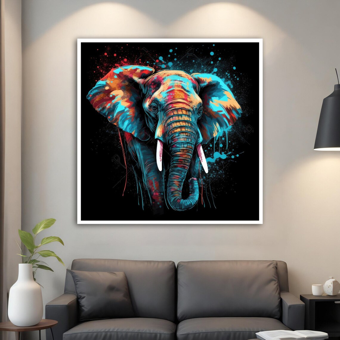 Colorful Elephant Head Painting Black Background Splash Wildlife Art Poster - Image 3