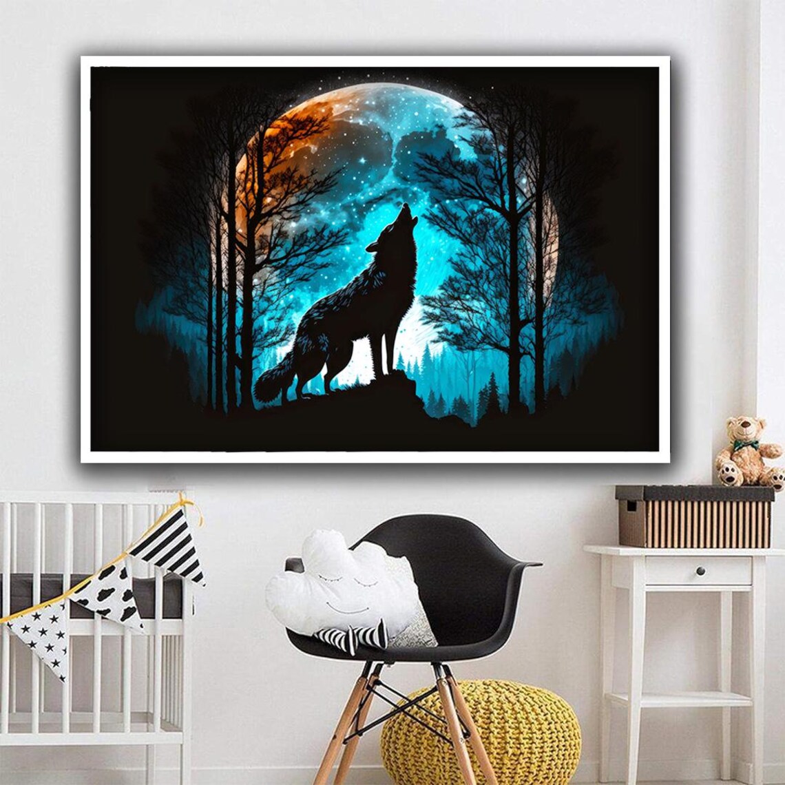 Howling Wolf Full Moon Night Forest Silhouette Wildlife Wall Art Poster - Image 4