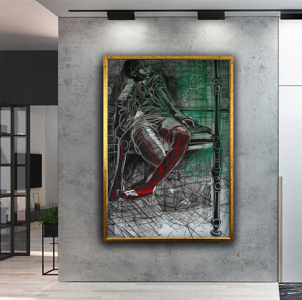 Seated Woman Sketch Bench Drawing Red Green Modern Figurative Art Poster - Image 2
