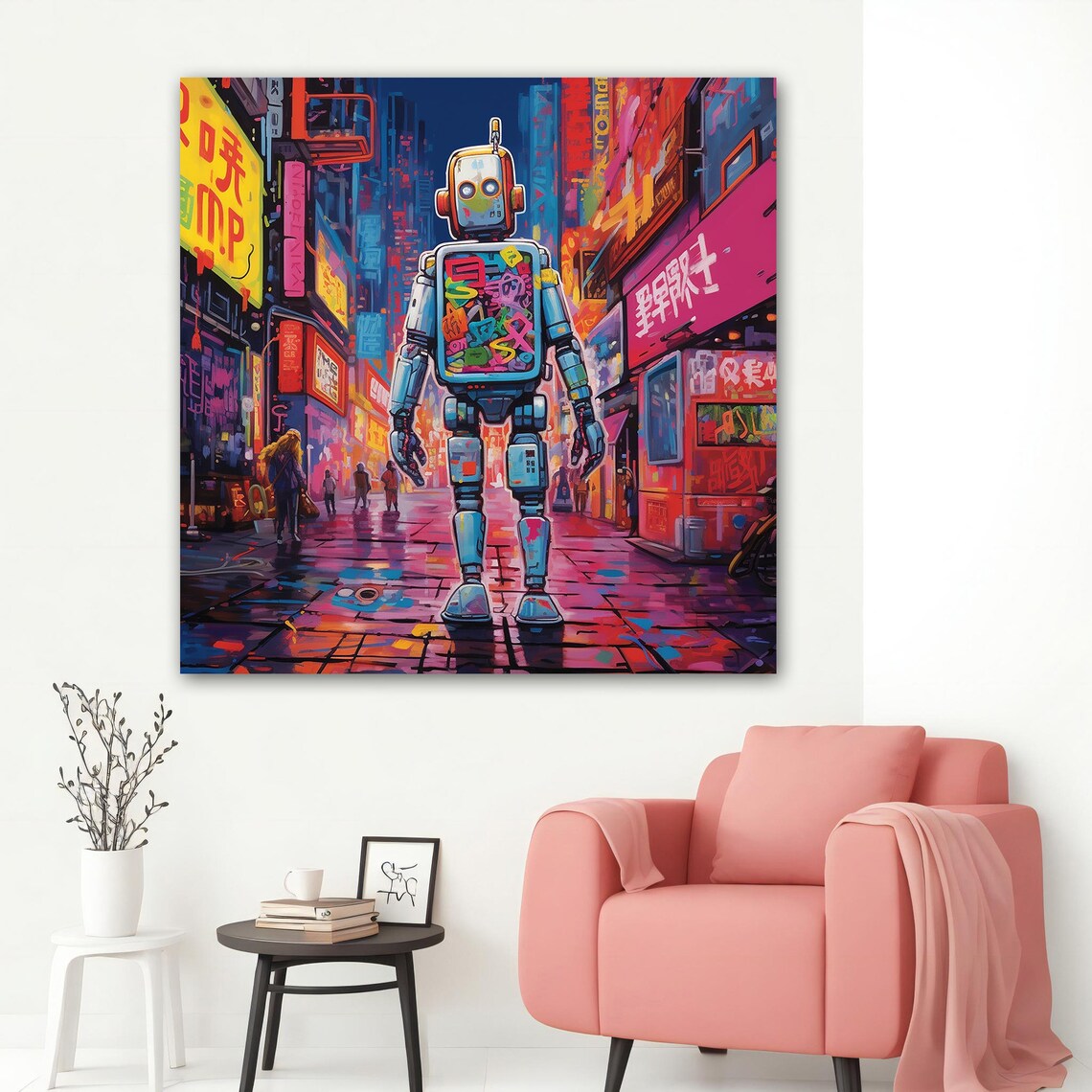 Robot Neon City Night Asian Street Pop Art Colorful Wall Poster - Image 2