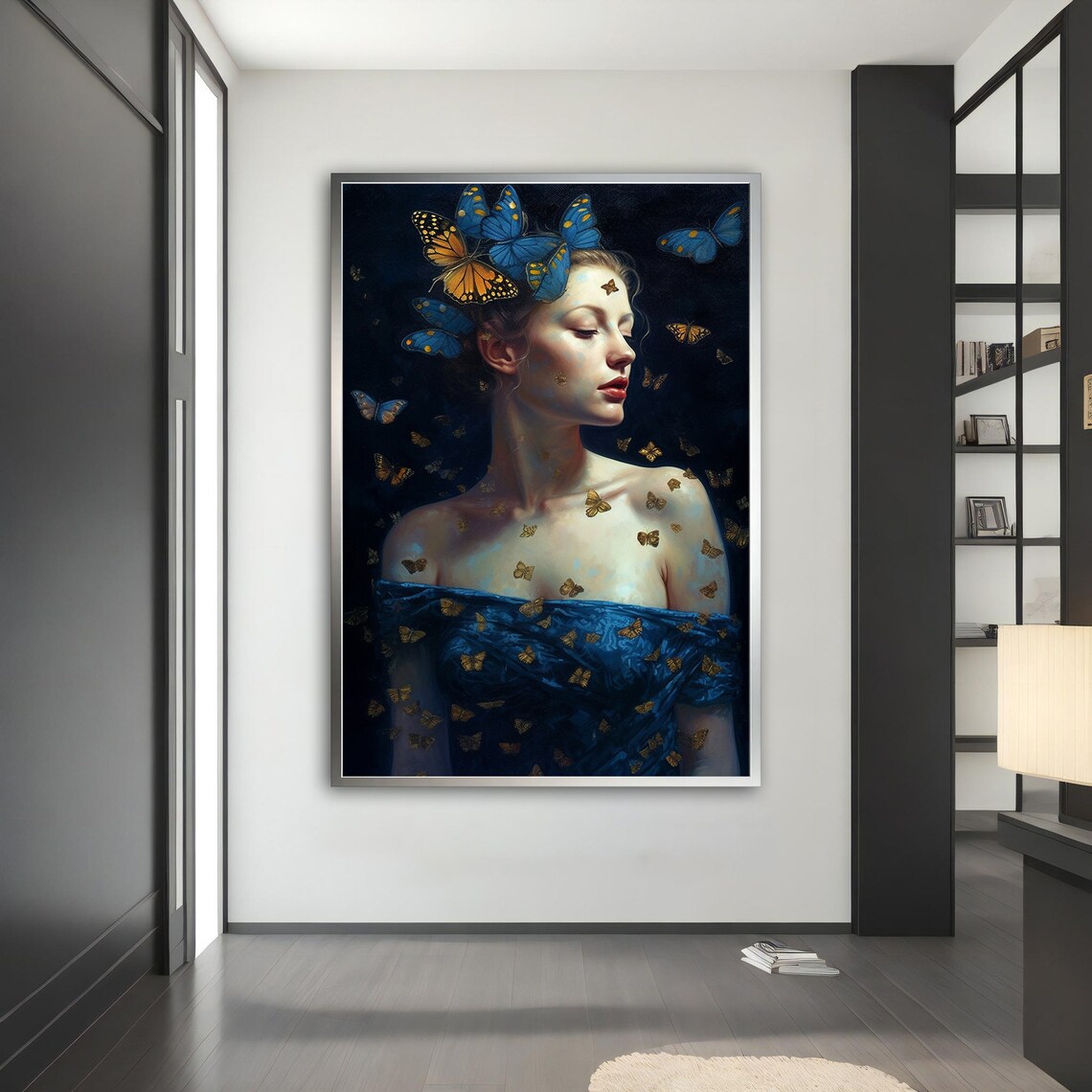 Woman with Blue and Gold Butterflies Dark Elegant Art Poster - Image 5