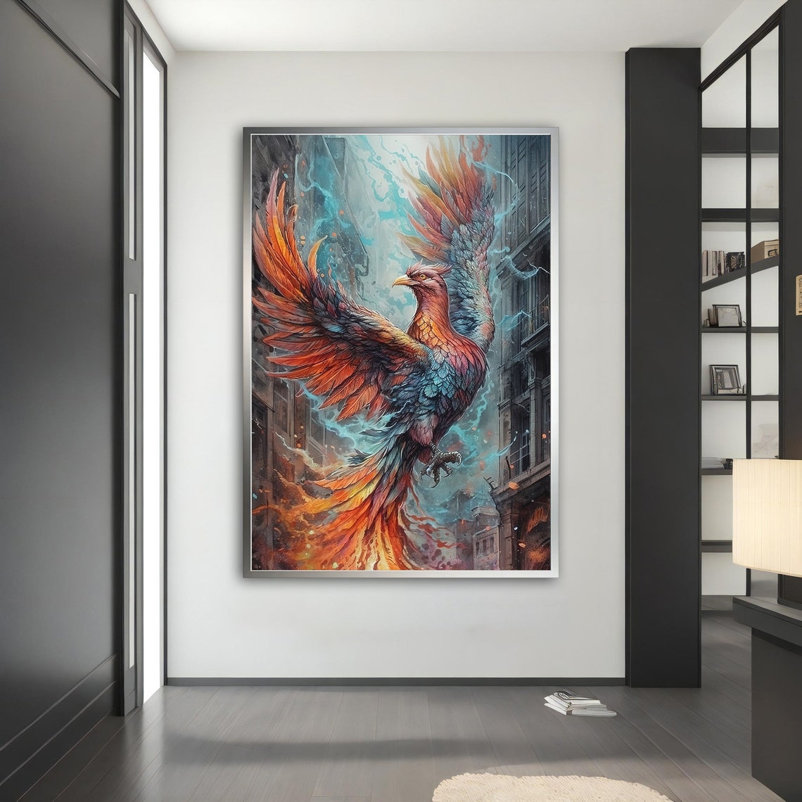 Fire Phoenix Rising City Flames Orange Blue Fantasy Animal Poster - Image 4