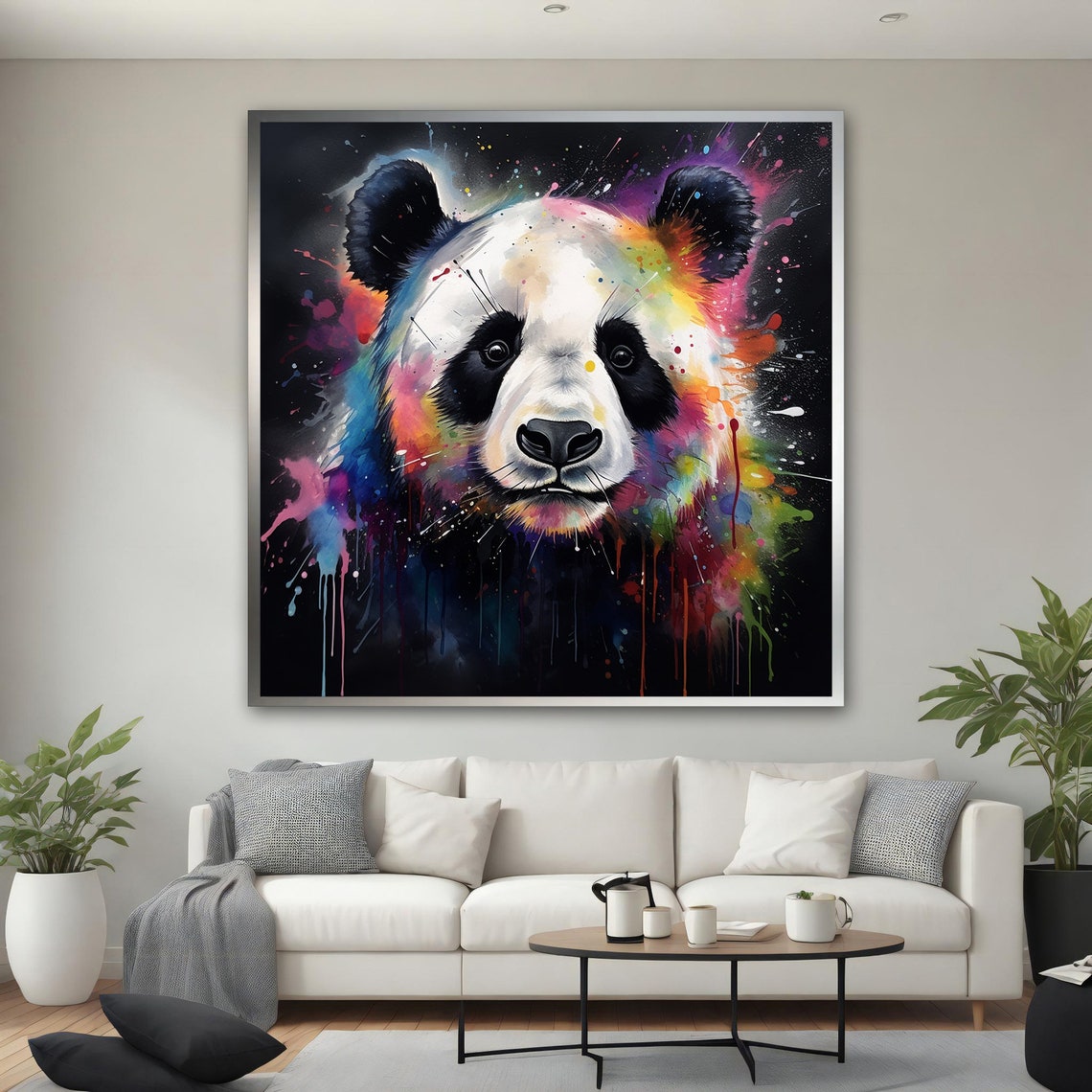 Panda Rainbow Paint Splash Cute Animal Art Black Background Poster - Image 4