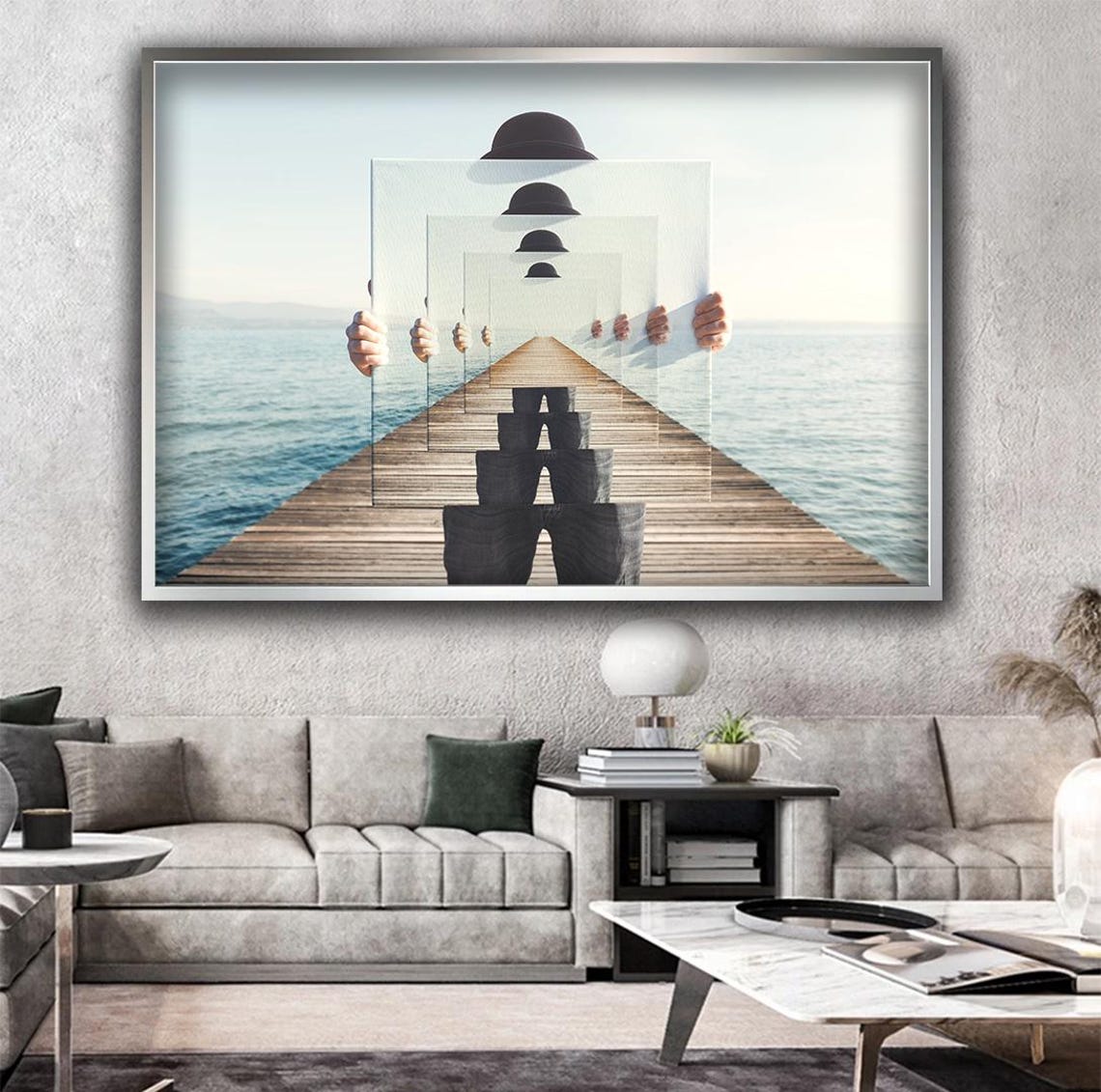 Surreal Man Holding Mirror Optical Illusion Lake Pier Wall Art - Image 3