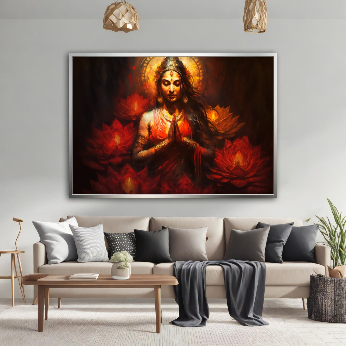 Indian Woman Namaste Lotus Beautiful Red Sari Ethnic Art Poster - Image 3