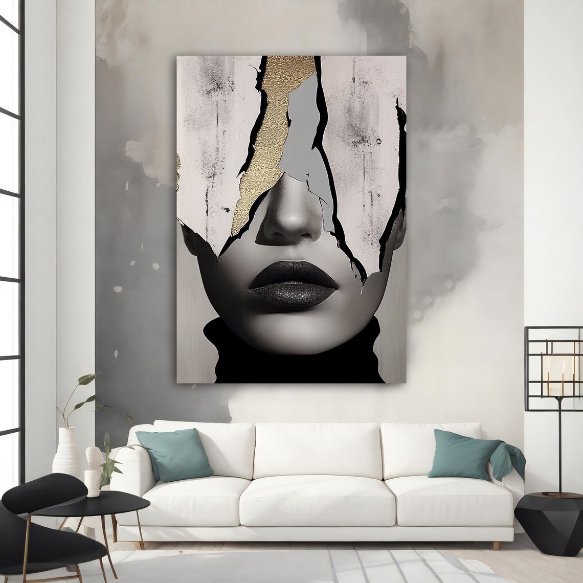 Surreal Cracked Face Woman Gold Leaf Black White Portrait Wall Art - Image 4