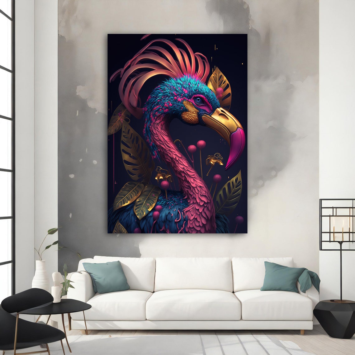 Fantasy Flamingo Teal Gold Feathers Dark Tropical Bird Art Wall Poster - Image 2