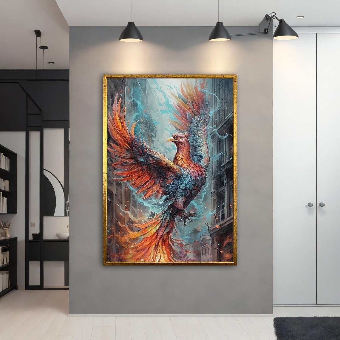 Fire Phoenix Rising City Flames Orange Blue Fantasy Animal Poster - Image 5