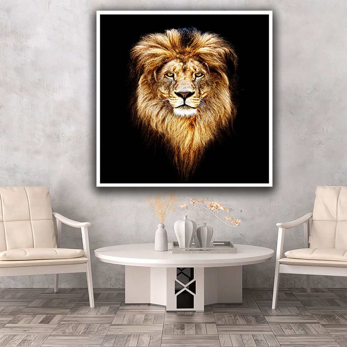 Majestic Lion Portrait Golden Mane Black Background Photo Art Poster - Image 3