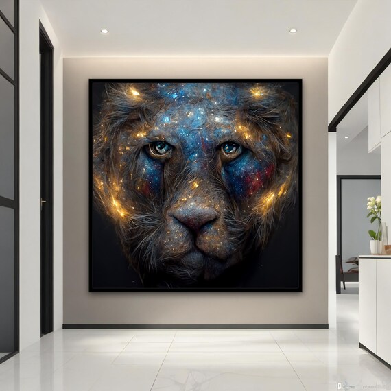 Galaxy Lioness Face Starry Cosmic Blue Gold Dark Animal Art Poster