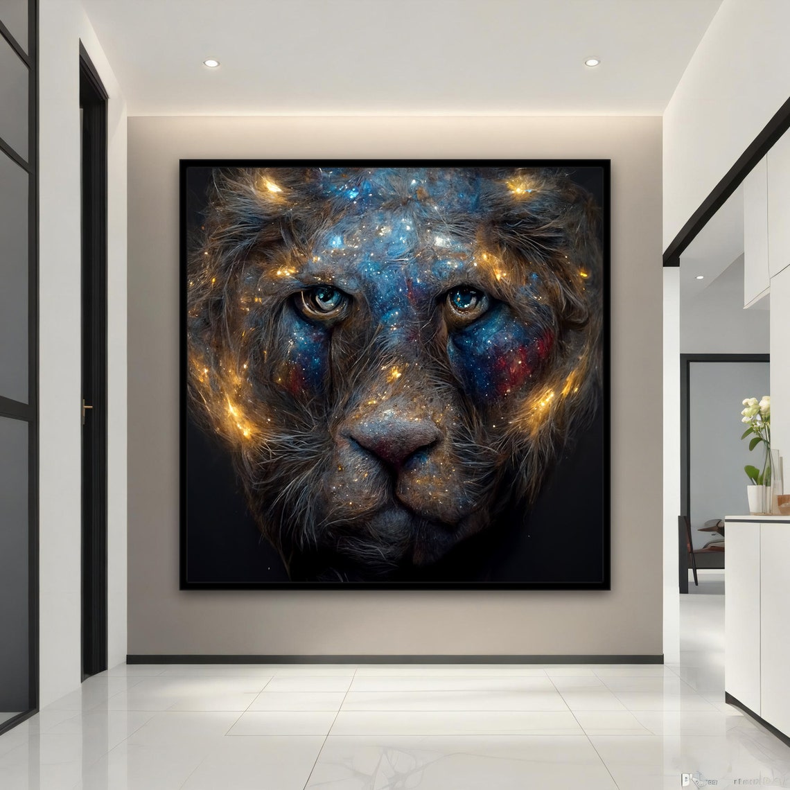 Galaxy Lioness Face Starry Cosmic Blue Gold Dark Animal Art Poster