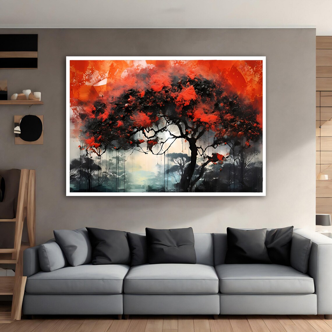 Red Tree Painting Red Tree In The Forest Wall Decor Tree Print Art Nature Painting Landscape Art - Image 4