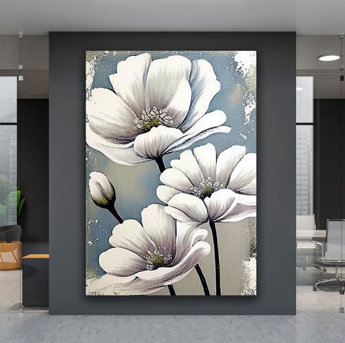 Elegant White Blooming Flowers on Soft Blue Grey Neutral Art Poster - Image 5