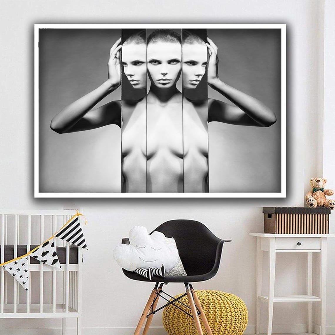 Black and White Nude Portrait Triple Mirror Effect Art Print - Image 4