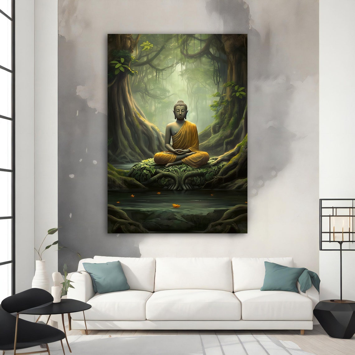 Golden Robe Buddha Meditating Jungle Temple Green Asian Art Poster - Image 3