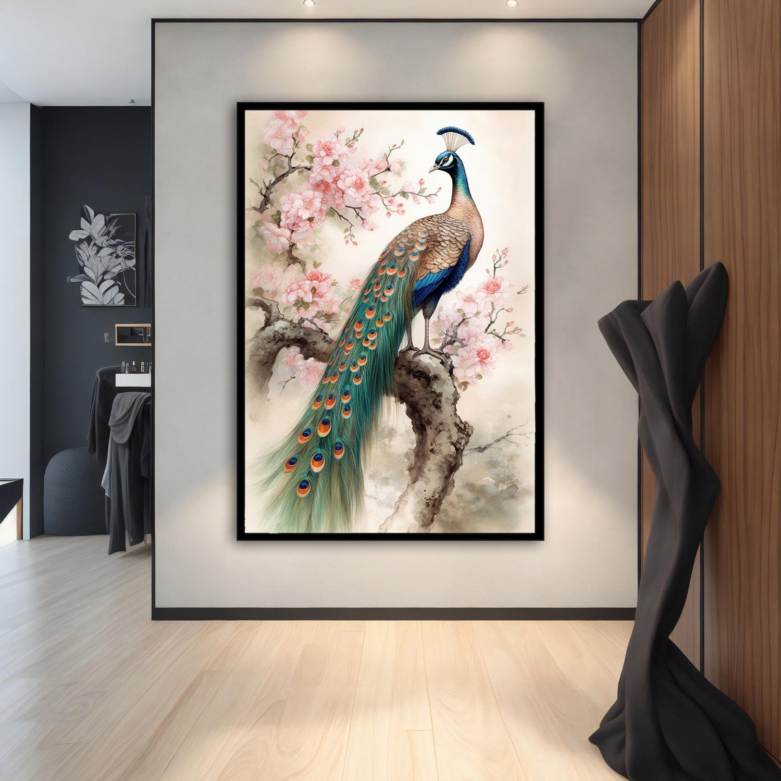 Peacock on Cherry Blossom Branch Watercolor Asian Animal Poster - Image 2