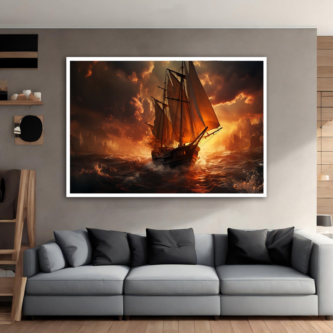 Tall Sailing Ship Fiery Storm Sea Dramatic Sunset Wall Art Poster - Image 3