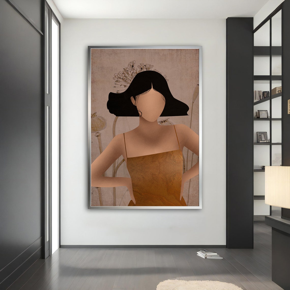 Faceless Woman Rust Dress Botanical Minimalist Beige Portrait Wall Art - Image 5