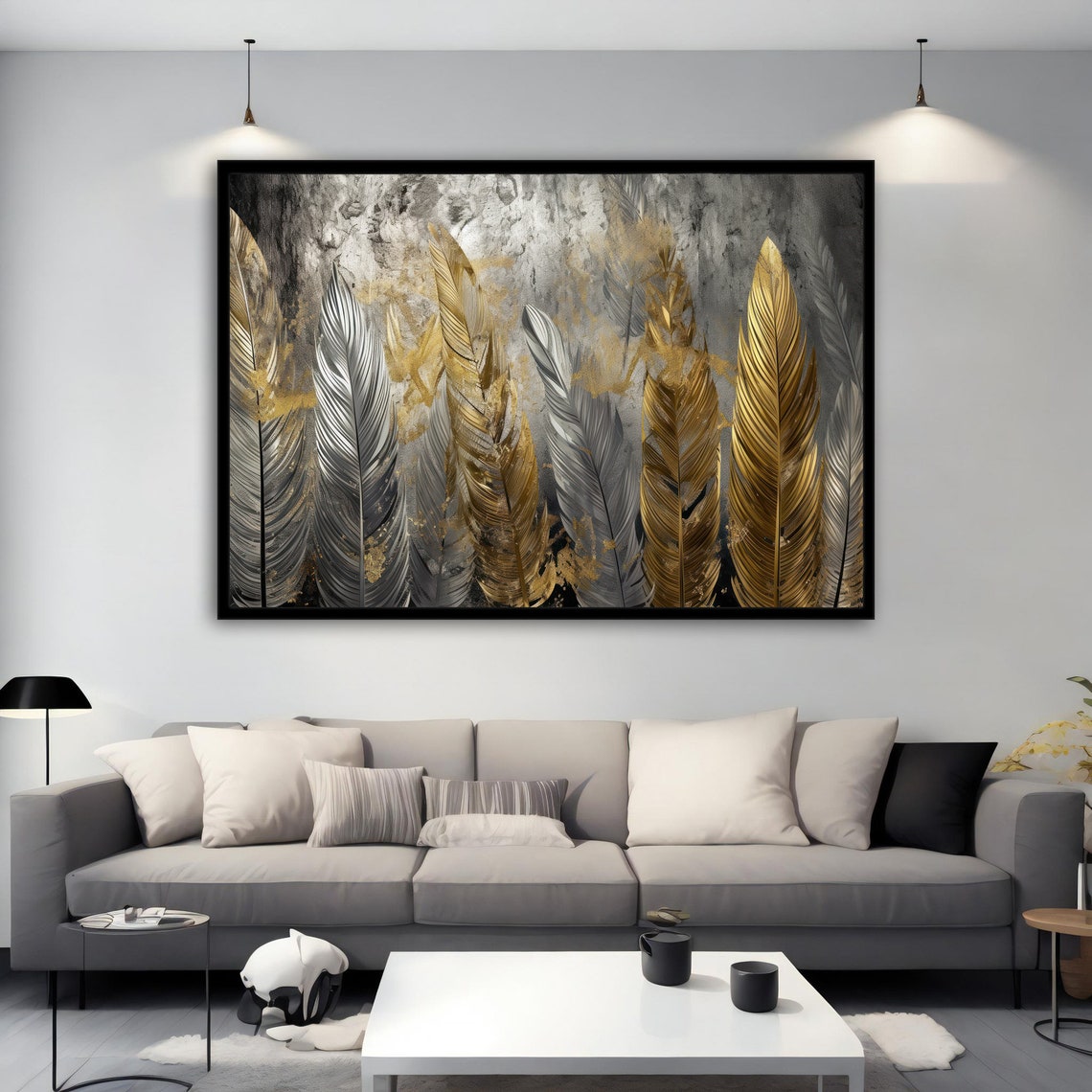 Gray Gold Feathers Abstract Luxe Modern Elegant Feather Wall Art - Image 2