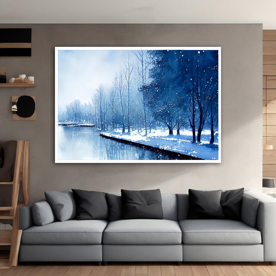 Blue Winter Landscape Snowy River Forest Monochrome Art Poster - Image 4