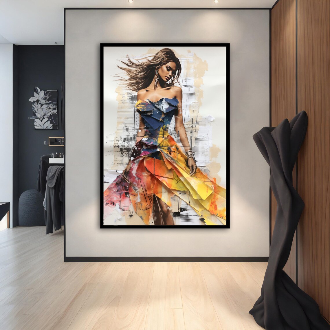 Fashion Woman Colorful Collage Dress Windblown Hair Wall Art Print - Image 2